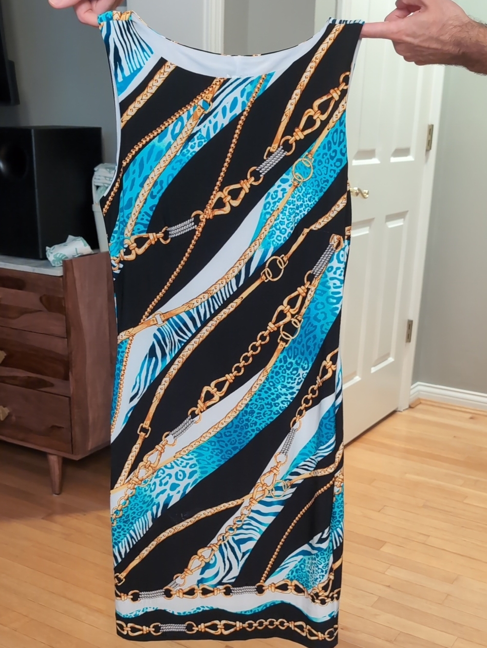 Cache Sleeveless Blue & Black Chain-Print Pencil Skirt